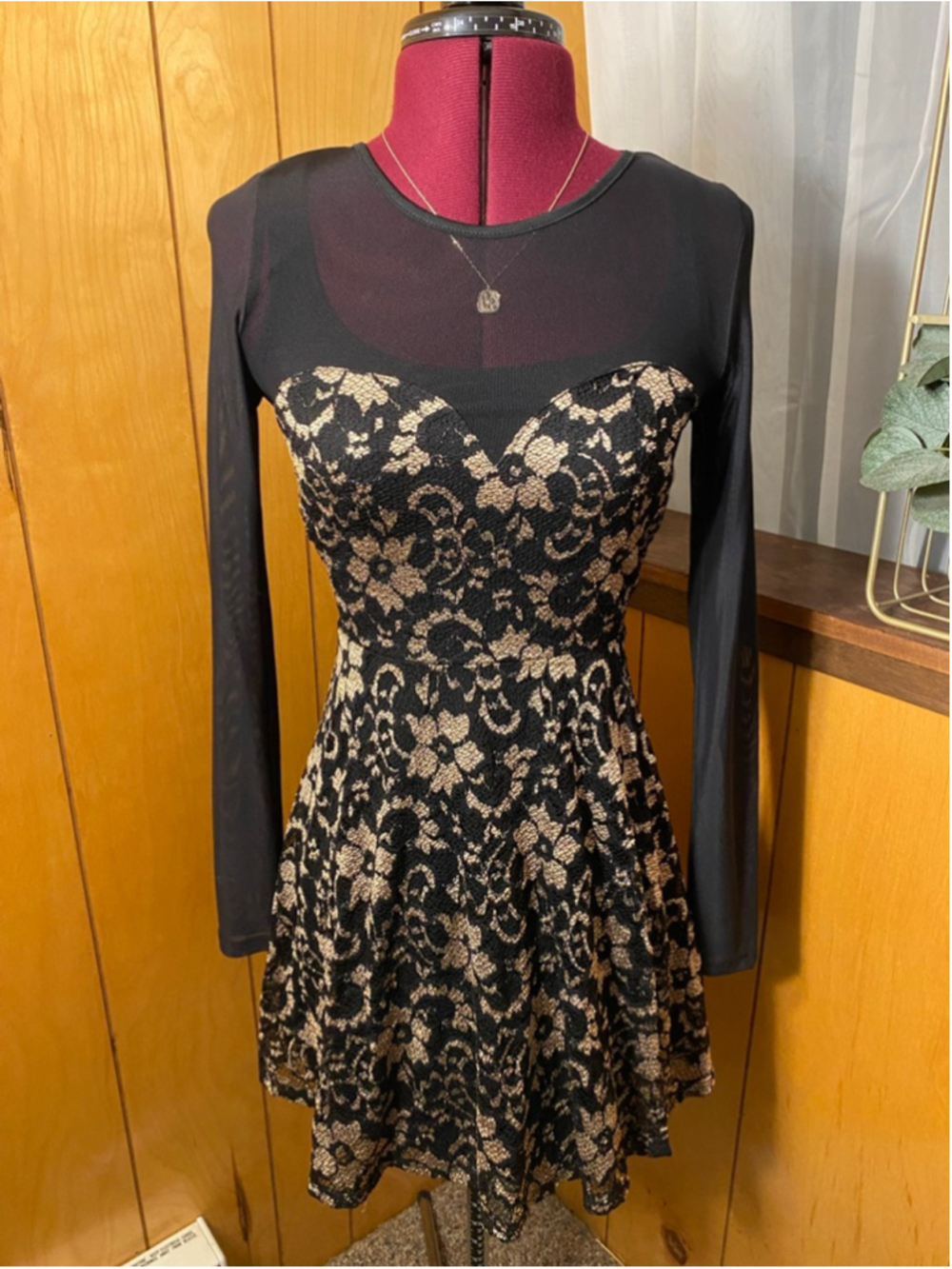 Women's MATERIAL GIRL Black Gold Lace Long Sleeve Dress S Sheer Top